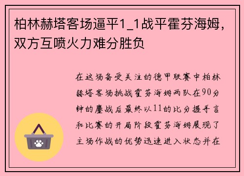 柏林赫塔客场逼平1_1战平霍芬海姆，双方互喷火力难分胜负