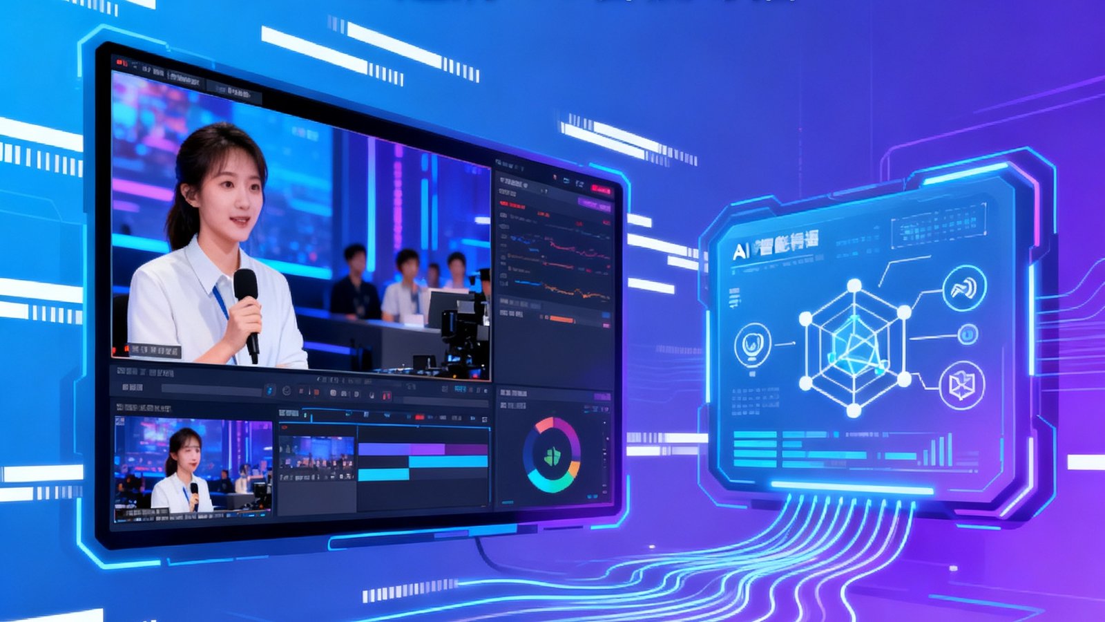 一篇关于2025年直播技术趋势的文章配图，展示4K超清画质与AI智能导播概念，画面中有数据流和直播界面元素