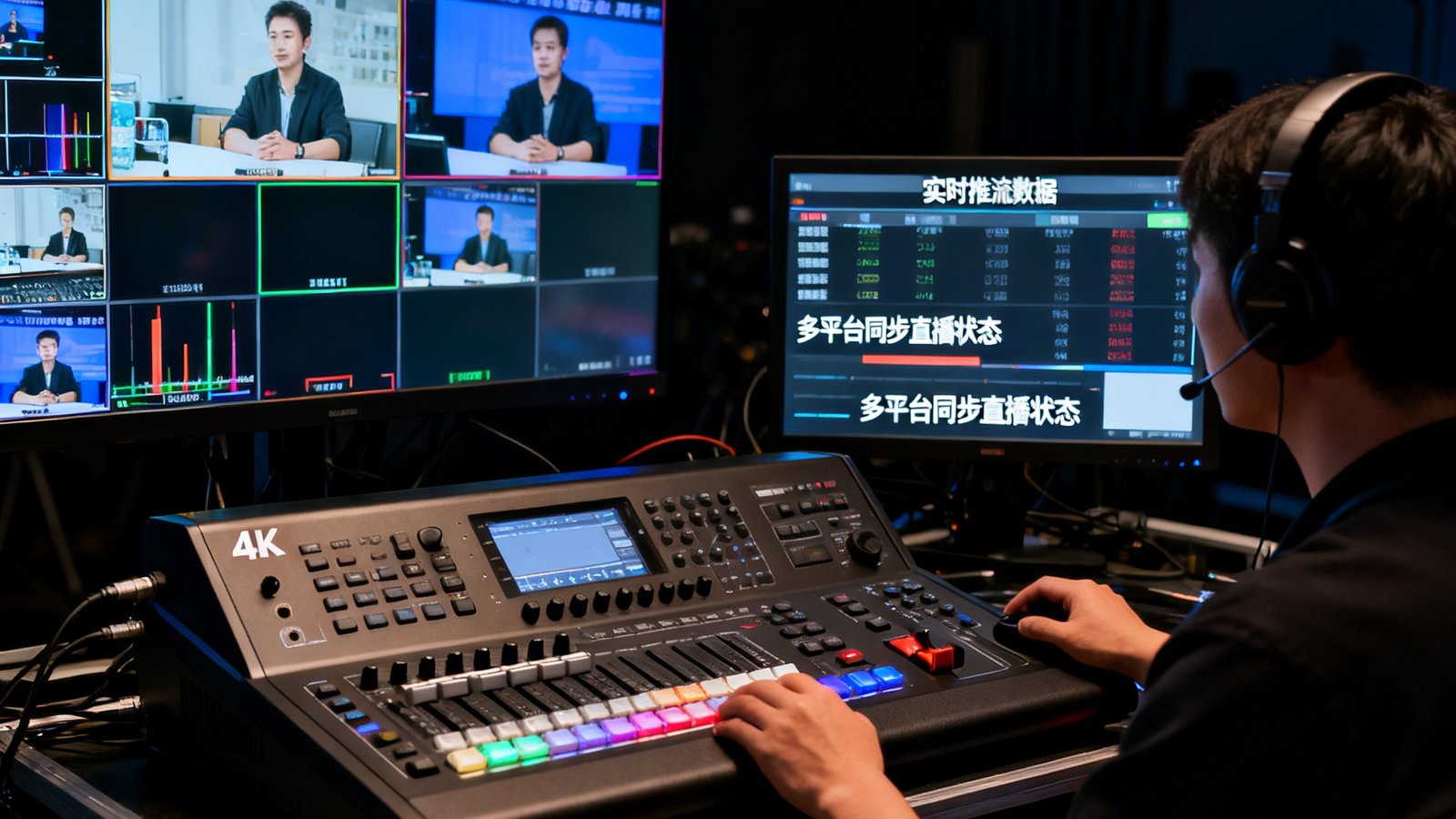 BG视讯平台专业直播导播操作台实景，多屏监控画面同时运行，技术人员正在操作4K切换台，背景为暗色专业影棚环境，屏幕显示实时推流数据与多平台同步直播状态