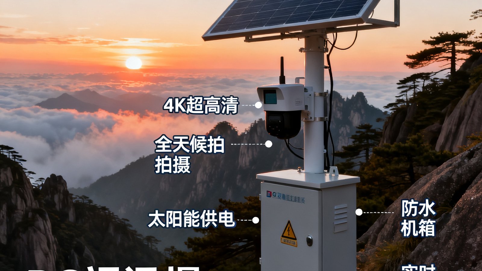 BG视讯在黄山景区部署的慢直播系统，4K超高清固定机位全天候拍摄云海日出，太阳能供电系统与防水机箱确保设备在户外环境稳定运行，画面实时回传至景区官方平台